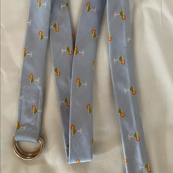 J.Crew M/L Pale Blue Martini Glass Motif Necktie Style Silk Belt